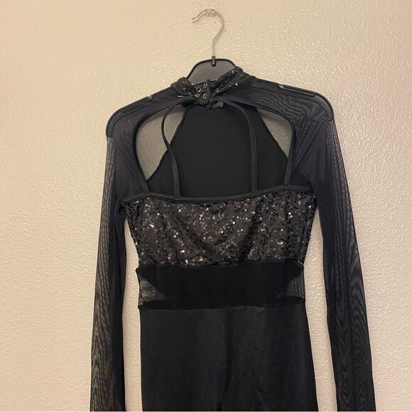 WEISSMAN Dance Costume black unitard sequin mesh Wolves 10903 LC-large child - Picture 4 of 12